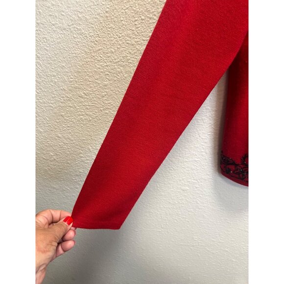 Silk Club Red Cardigan With Black Floral Beaded Embroidery Womens Medium Long - Picture 7 of 7